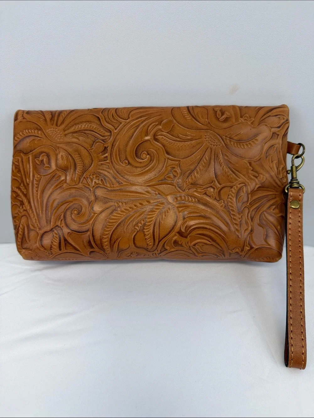 Patricia Nash Valerie Cognac Tooled Leather Foldover Wristlet Clutch Bag